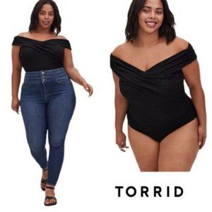 NWT Torrid Size 3 Black Studio Knit CrissCross Bodysuit Off Shoulder Crepe